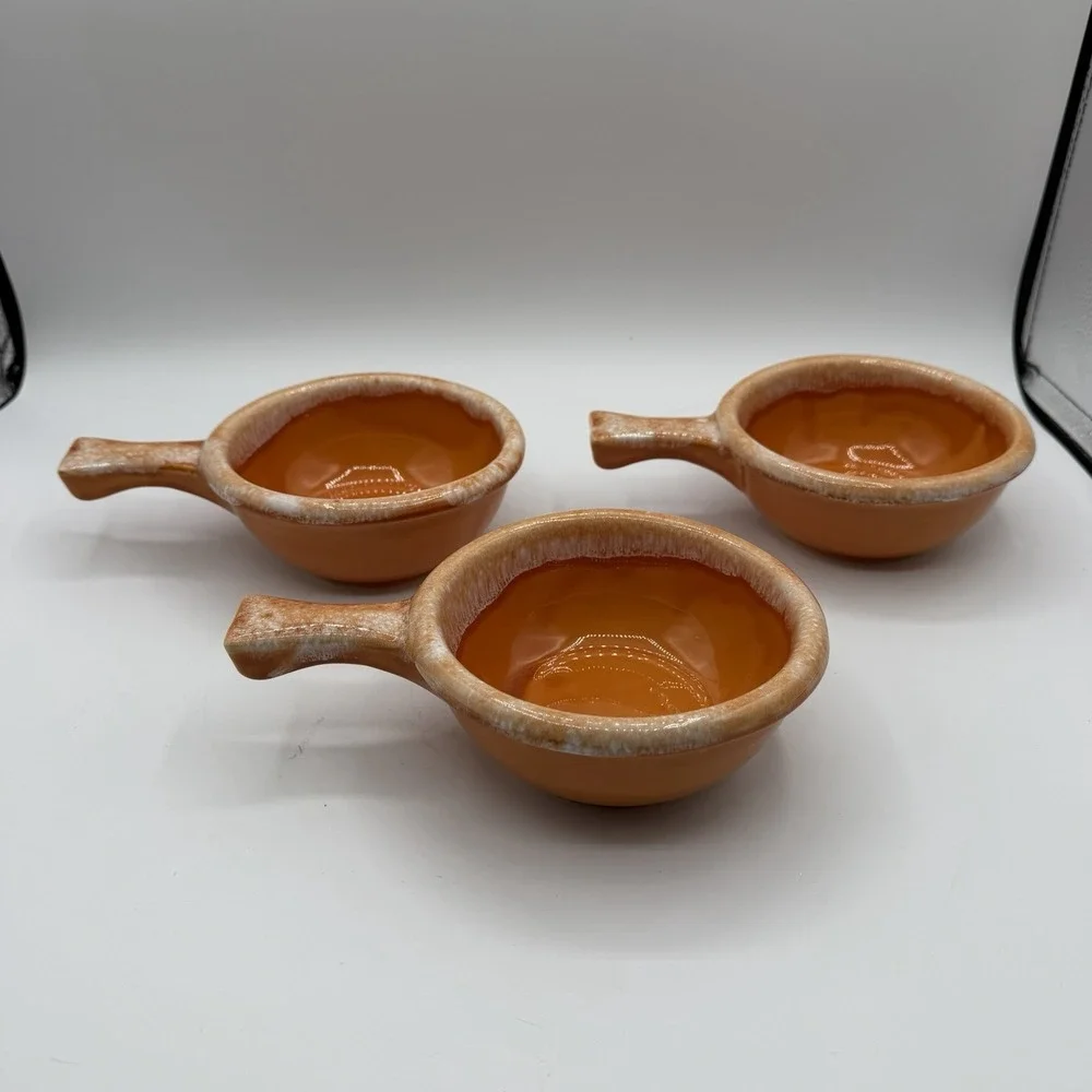 Vintage Set of 3 Hull Orange Tangerine Drip Glazed Chili Soup Bowls w/Handle USA